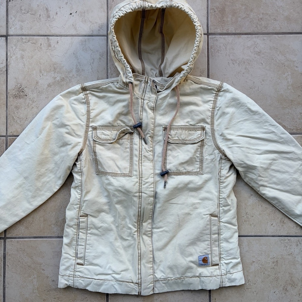 Carhartt Jacket Womens Medium Khaki Fargo Canvas Quilt Lined Work Coat Faded - Picture 2 of 15
